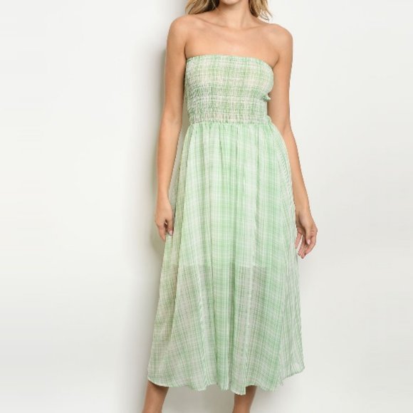 Dresses & Skirts - Strapless Sundress Multicolor Plaid Green White Maxi Summer Dress